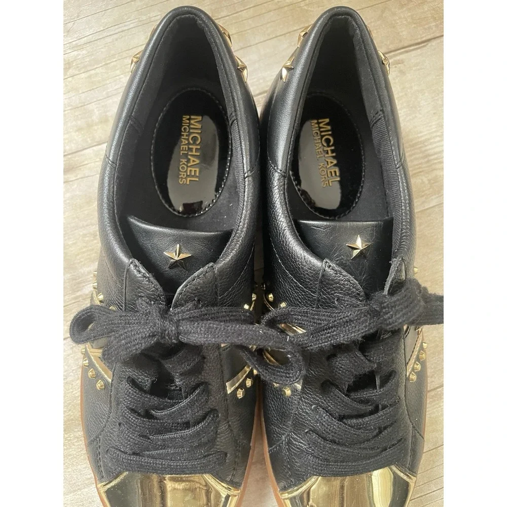 Michael Kors‎ Frankie Stripe Black Gold Leather Shoes Women Size 7